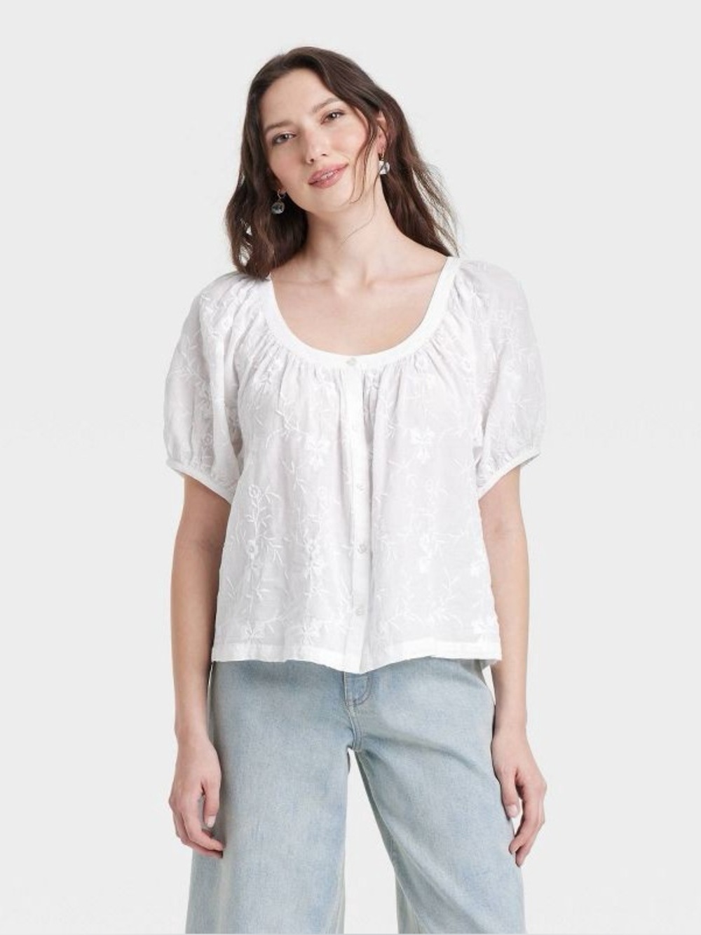 Universal Thread 100% Cotton Puff Sleeve Floral Embroidered Top, White – Small